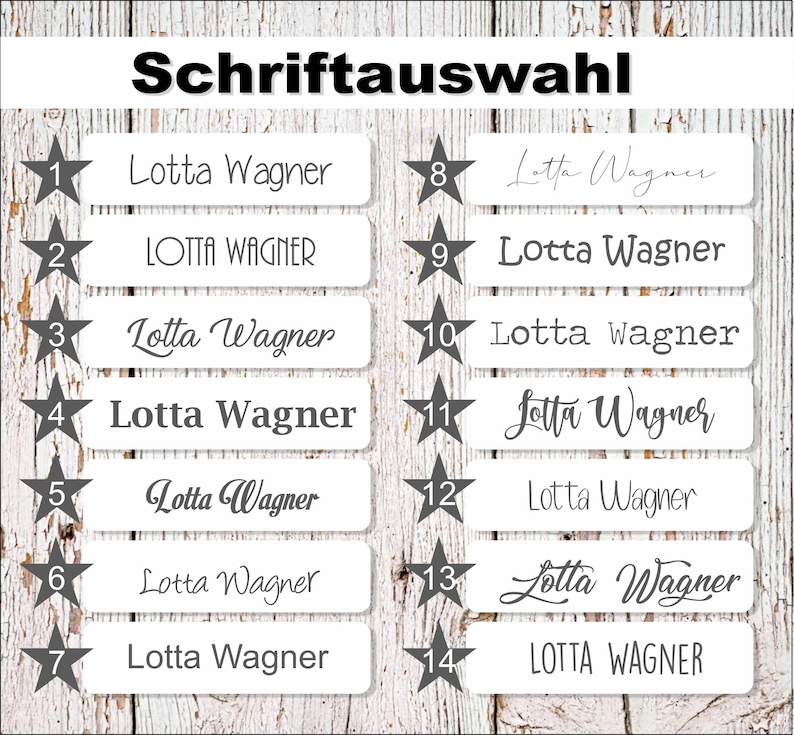 May include: Fourteen name tag designs featuring the name "Lotta Wagner" in different fonts are shown against a wooden background. The text "Schriftauswahl" is at the top. Each design is numbered and marked with a star.
