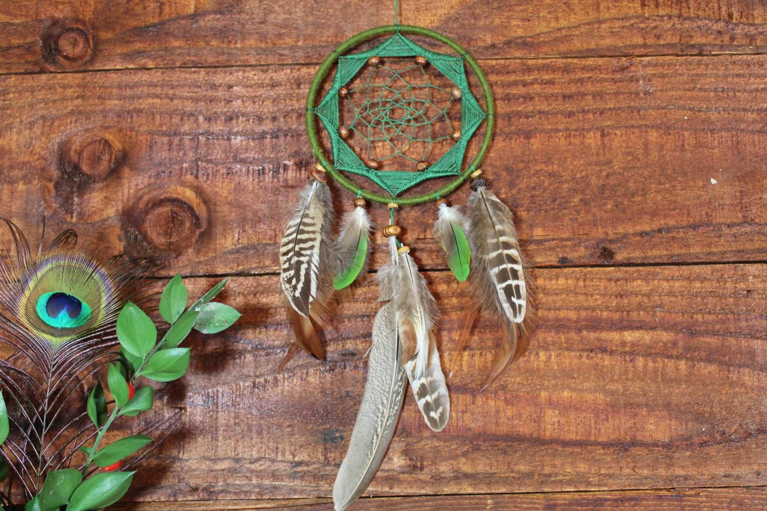 Attrape Rêve Vert/Fait Main Pièce Unique Plumes Naturelles