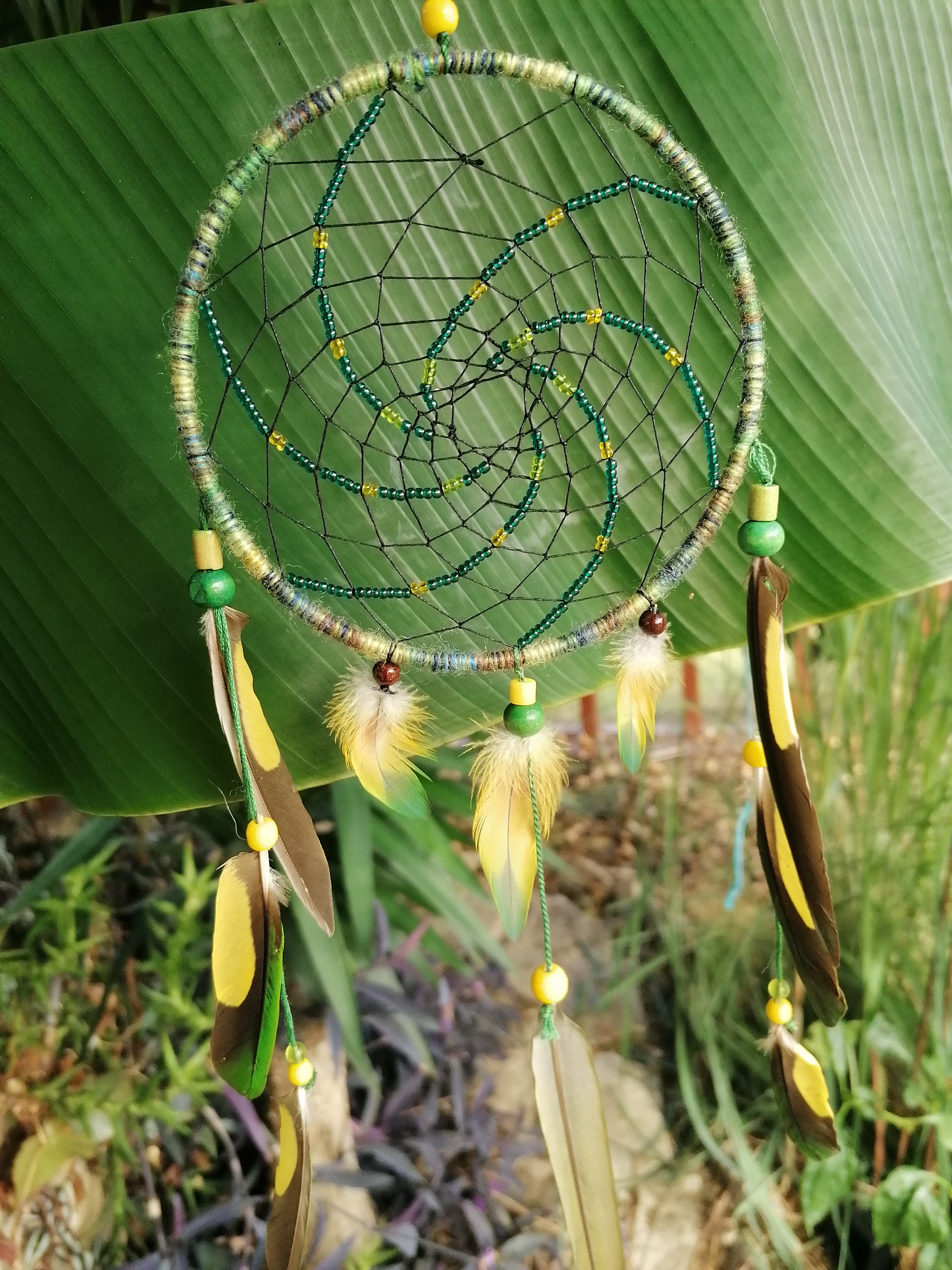 Attrape Rêves Spirale Vert/Exotique/ Fait Main Pièce Unique Plumes Naturelles