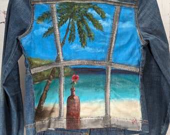 Handbemalte Jeansjacke mit Strandszene