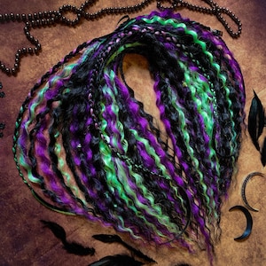 Halloween ~ Soft Curly Wavy Synthetic Dreads Extensions Dreadlocks Purple Black and Green