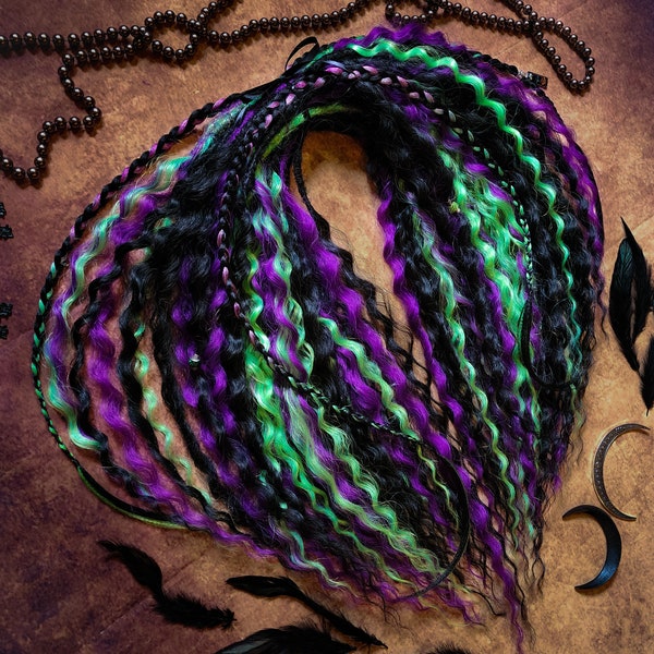 Halloween ~ Soft Curly Wavy Synthetic Dreads Extensions Dreadlocks Purple Black and Green