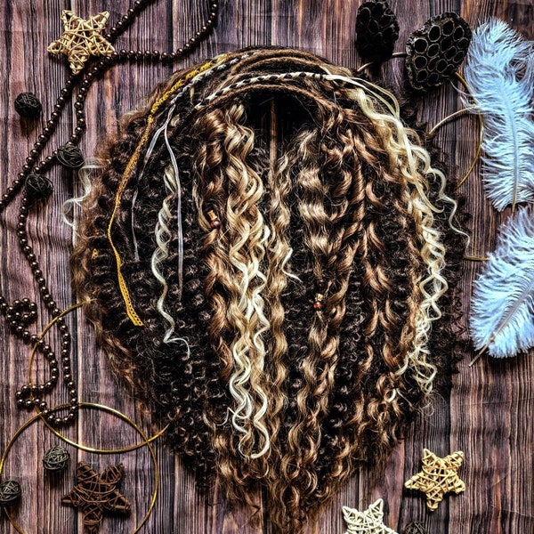 Maple Glaze ~ Wavy Textured Soft Curl Boho Dreadlocks Mix of Browns and Blonde Ombre Curly Dreads