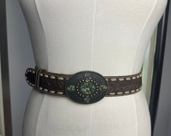 Western Leather Belt Size L Embellished Studded Vintage Stones Oval Buckle Bronze