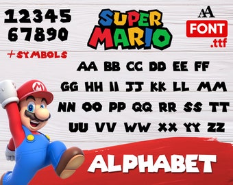 super mario font svg, supermario letters, supermario alphabet svg, super mario numbers svg, decal, stencil, vinyl, cricut, download. ttf