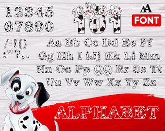 101 dalmatians font svg, dalmatians alphabet, dalmatians numbers, dalmatians latters, dalmatians symbols, decal, stencil, dxf, png, svg