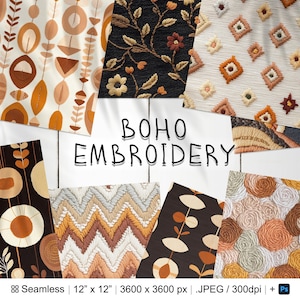 Puede incluir: Conjunto de 8 patrones de bordado digital en estilo boho. Los patrones presentan formas geométricas, flores y diseños abstractos en colores cálidos como marrón, naranja y beige. Cada patrón mide 12 pulgadas por 12 pulgadas y 3600 píxeles por 3600 píxeles.