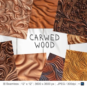 以下が含まれることがあります： 様々なスタイルで彫刻された木製のテクスチャを特徴とする、6つのシームレスなデジタルペーパーパターンのセット。パターンには、複雑な花柄、木目、抽象的なパターンが含まれています。各パターンは3600 x 3600ピクセルで、クラフトプロジェクト、スクラップブッキング、デジタルデザインに最適です。