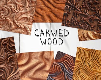 May include: A set of 6 seamless digital paper patterns featuring carved wood textures in various styles. The patterns include intricate floral designs, wood grain, and abstract patterns. Each pattern is 3600 x 3600 pixels and is perfect for crafting projects, scrapbooking, and digital design.