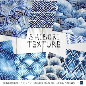 Może przedstawiać: Zestaw 8 cyfrowych wzorów bez szwów z niebieskimi i białymi teksturami shibori. Wzory obejmują fale, kształty geometryczne i wzory kwiatowe. Każdy wzór ma 30,48 cm na 30,48 cm i 3600 pikseli na 3600 pikseli.