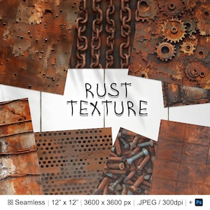 Puede incluir: Un conjunto de 8 texturas digitales de óxido sin costuras en varios estilos, incluyendo eslabones de cadena, malla metálica y tornillos. Cada textura es de 3600 x 3600 píxeles y 300 ppp. Las texturas son perfectas para agregar un aspecto oxidado realista a tus diseños digitales.