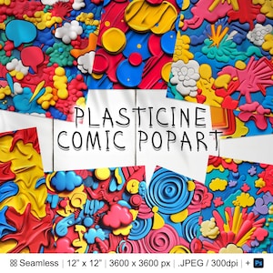 May include: A set of 6 digital seamless patterns featuring colorful, abstract shapes and textures inspired by playdough. The patterns are 12 inches by 12 inches and 3600 pixels by 3600 pixels. The patterns are in JPEG format and have a resolution of 300 dpi. The text "PLASTICINE COMIC POPART" is displayed in the center of the image.