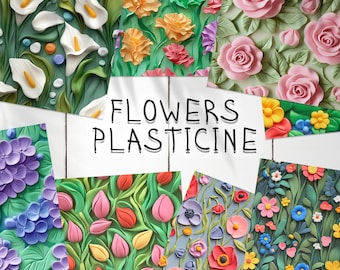 30 Plasticine Flowers Seamless Pattern Background | Floral Garden Digital Seamless Textures | Plasticine Flowers Photoshop Patterns