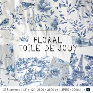 32 French Blue Floral Toile de Jouy Seamless Pattern Backgrund / Toile de Jouy Digital Paper / Photoshop French Blue Toile de Jouy Patterns