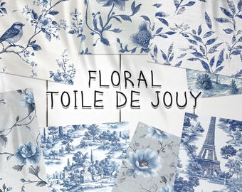 32 Francuski niebieski kwiatowy wzór Toile de Jouy w tle | Papier cyfrowy Toile de Jouy | Francuskie niebieskie wzory Toile de Jouy w Photoshopie