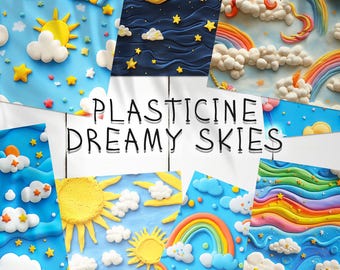 20 Plasticine Dreamy Skies Seamless Pattern Background | Plasticine Rainbows Digital Seamless Textures | Plasticine Clouds Photoshop Pattern