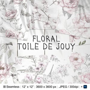 36 Dusty Pink Floral Toile de Jouy Seamless Pattern Backgrund | Toile de Jouy Digital Paper | Photoshop Pastel Pink Toile de Jouy Patterns