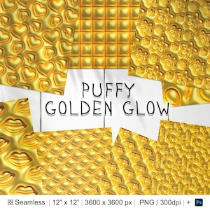May include: A set of 10 digital paper patterns featuring a puffy, golden glow effect. The patterns include hearts, squares, flowers, scales, diamonds, and rings. Each pattern is 12 inches by 12 inches and 3600 pixels by 3600 pixels.