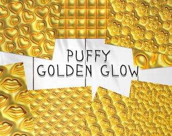 10 Puffy Golden Glow Seamless Pattern Background | Gold Digital Seamless Pattern | Photoshop Hearts Patterns | Golden 3D Fish Scale Pattern