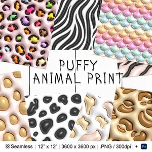 Può includere: Un set di stampe digitali di carta senza cuciture da 30,5 x 30,5 cm con motivi di stampa animale in rilievo. I motivi includono motivi di leopardo, zebra, squame di pesce, mucca e giraffa in vari colori.