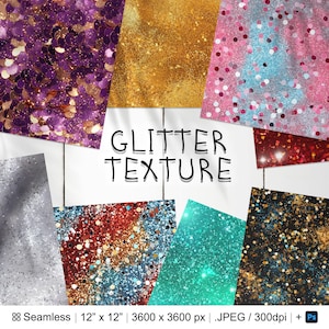 May include: A set of 8 seamless glitter texture digital papers in various colours, including silver, gold, red, blue, and pink. Each paper is 12 inches by 12 inches and 3600 pixels by 3600 pixels. The papers are perfect for crafting, scrapbooking, and digital design.