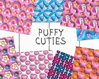 10 Puffy Cuties Seamless Pattern Background | 3D Puffy Rainbows Digital Seamless Pattern | Photoshop Patterns | Puffy Unicorns Patterns
