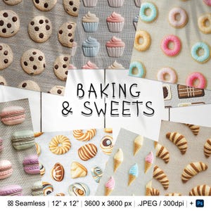 Könnte beinhalten: Eine digitale Collage mit verschiedenen Backwaren und süßen Leckereien, darunter Cupcakes, Kekse, Donuts, Croissants und Eiswaffeln. Die Collage besteht aus 10 verschiedenen Bildern, jedes mit einem anderen Muster zum gleichen Thema. Der Text "BAKING & SWEETS" wird in der Mitte der Collage angezeigt.