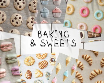 20 Backen & Süßigkeiten Stickerei Hintergrund Muster | Wüsten Digitale nahtlose Texturen | Macarons Photoshop Patterns | Donut-Muster