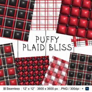 May include: A set of 10 digital paper patterns featuring red and black plaid designs with a puffy, 3D effect. The patterns are seamless and can be used for a variety of crafting projects.