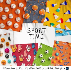 May include: A digital collage of various sports-themed patterns. The patterns include basketballs, tennis balls, badminton rackets, and handprints. The text "SPORT TIME" is displayed in the center of the collage.