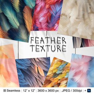 May include: A set of ten seamless digital paper textures featuring various feather patterns in shades of blue, pink, yellow, and white. The textures are 3600 x 3600 pixels and are perfect for crafting projects, scrapbooking, and digital design.