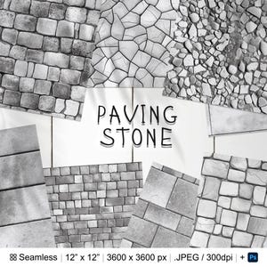 Può includere: Un set di otto texture di carta digitale senza cuciture che presentano diversi stili di pietre per pavimentazione grigie. Ogni texture è di 3600 x 3600 pixel e 300 dpi. Il testo "Paving Stone" è scritto in nero su sfondo bianco.