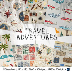 May include: A set of 8 digital paper patterns featuring travel themes. The patterns include images of airplanes, hot air balloons, compasses, luggage, and stamps. The patterns are seamless and can be used for a variety of projects, such as scrapbooking, card making, and digital design.