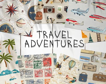20 Travel Adventures Embroidery Seamless Pattern Background | Vintage Travel Digital Seamless Texture | Photoshop Travelling Patterns