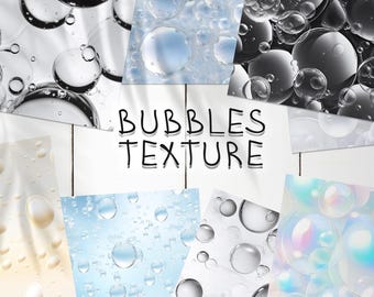 May include: A digital paper pack with six different seamless patterns featuring colourful bubbles. The patterns are in shades of blue, white, black, and iridescent. The text "BUBBLES TEXTURE" is written in black on a white background.