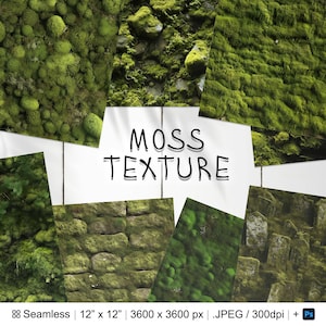 Puede incluir: Un collage digital de seis texturas de musgo diferentes. El collage está etiquetado como "MOSS TEXTURE" e incluye los detalles "Seamless, 12" x 12", 3600 x 3600 px, JPEG/300dpi".