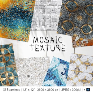 Könnte beinhalten: Satz von 8 nahtlosen digitalen Mosaikfliesenmustern in verschiedenen Farben und Designs. Jedes Muster ist 12 Zoll mal 12 Zoll groß und hat eine Auflösung von 3600 Pixel mal 3600 Pixel. Die Muster eignen sich perfekt zum Erstellen von Hintergründen, Texturen und Designs.