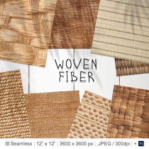 May include: A set of 10 seamless digital paper textures featuring woven fiber patterns in various shades of brown. The textures are 12 inches by 12 inches and 3600 pixels by 3600 pixels. The text "WOVEN FIBER" is written in black on a white background.