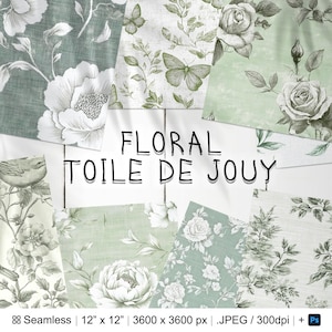 32 padrão floral verde francês Toile de Jouy sem costura | Papel Digital Toile de Jouy | Padrões de Toile de Jouy verde francês do Photoshop
