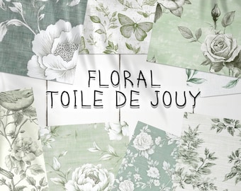 32 French Green Floral Toile de Jouy Seamless Pattern | Toile de Jouy Digital Paper | Photoshop French Green Toile de Jouy Patterns