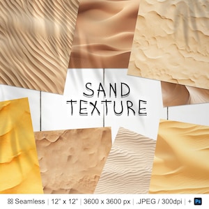 Op de afbeelding: Een digitale collage van zes verschillende zandtexturen. De texturen zijn allemaal in beige en bruine tinten. De tekst "SAND TEXTURE" is in het zwart over het midden van de collage geschreven. De tekst "88 Seamless 12" x 12" 3600 x 3600 px.JPEG/300dpi + Ps" is in het zwart onderaan de collage geschreven.