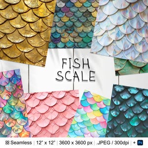 Puede incluir: Un conjunto de 8 patrones digitales sin costuras que presentan varios diseños de escamas de pez. Los patrones están en una variedad de colores, incluyendo oro, azul, verde, rosa y morado. Cada patrón mide 12 pulgadas por 12 pulgadas y 3600 píxeles por 3600 píxeles. Los patrones están en formato JPEG y 300 dpi.