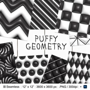 May include: A digital paper pack with 10 seamless patterns featuring black and white geometric designs. The patterns are puffy and have a 3D effect. The text "PUFFY GEOMETRY" is written on the image. The paper pack is 12 inches by 12 inches and has a resolution of 3600 pixels by 3600 pixels. The file format is PNG and the resolution is 300 dpi.