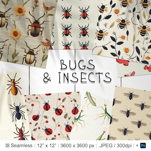 May include: A set of 10 digital seamless patterns featuring various bugs and insects, including ladybugs, bees, ants, and butterflies. The patterns are in a variety of colors and styles, and are perfect for adding a touch of nature to any project.