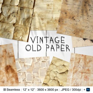 Könnte beinhalten: Eine digitale Collage aus acht Vintage-Papiertexturen in verschiedenen Brauntönen und Cremefarben. Die Texturen umfassen zerknittertes Papier, alte Briefe und rissiges Papier. Der Text "VINTAGE OLD PAPER" ist in Schwarz auf weißem Hintergrund geschrieben.