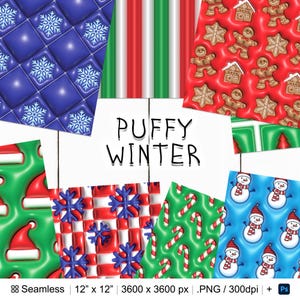May include: A set of 10 digital paper designs featuring puffy, 3D-style winter patterns. The designs include snowflakes, candy canes, gingerbread men, and Santa hats. Each design is 12 inches by 12 inches and 3600 pixels by 3600 pixels. The designs are seamless and can be used for scrapbooking, card making, and other craft projects.