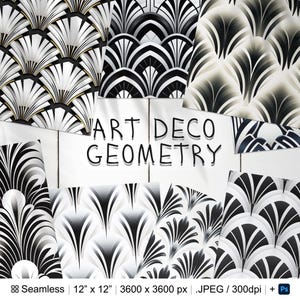 May include: A set of 8 seamless digital paper patterns in black, white, and gold featuring geometric Art Deco designs. Each pattern is 12 inches by 12 inches and 3600 pixels by 3600 pixels.