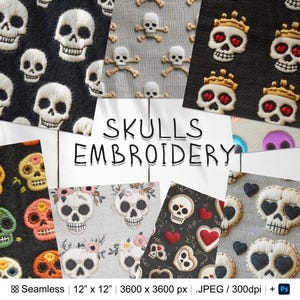 25 Skulls Embroidery Seamless Pattern Background | Floral Skull Digital Seamless Pattern | Skulls Digital Paper | Photoshop Skulls Patterns