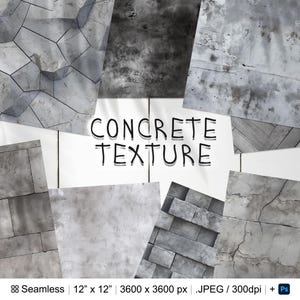 May include: A set of 8 seamless concrete textures in various styles, including smooth, rough, and cracked. Each texture is 12 inches by 12 inches and 3600 pixels by 3600 pixels. The textures are in JPEG format and have a resolution of 300 dpi.