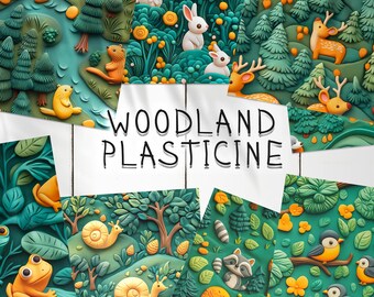 20 Plasticine Woodland Seamless Pattern Background | Plasticine Animals Digital Seamless Textures | Photoshop Woodland Animals Patterns